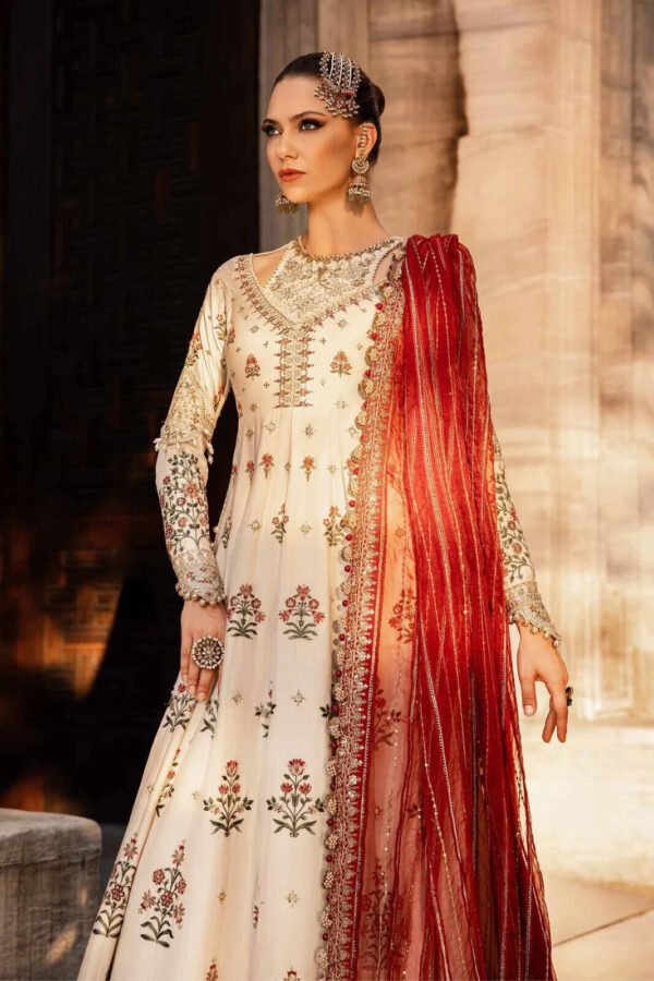 100% Maria B Unstitched Embroidered Cotton Satin Suit, Elegant Traditional Wear - Image 2