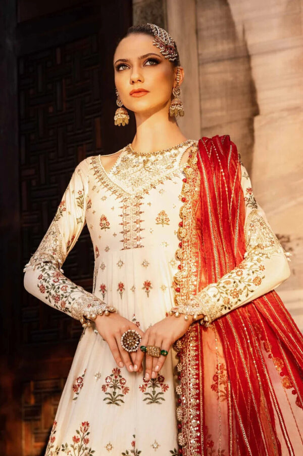 100% Maria B Unstitched Embroidered Cotton Satin Suit, Elegant Traditional Wear - Image 3