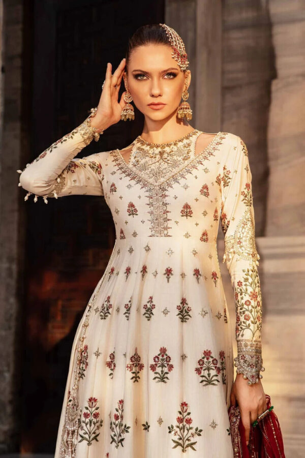 100% Maria B Unstitched Embroidered Cotton Satin Suit, Elegant Traditional Wear - Image 4