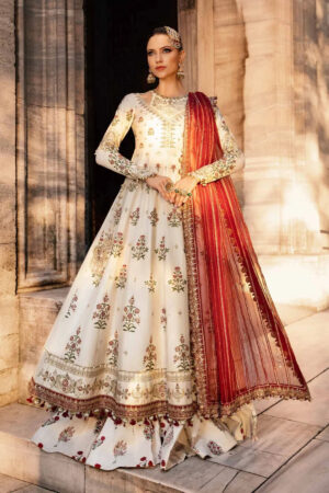 100% Maria B Unstitched Embroidered Cotton Satin Suit, Elegant Traditional Wear