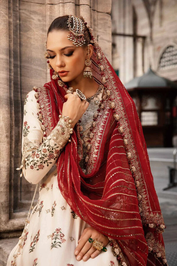 100% Maria B Unstitched Embroidered Cotton Satin Suit, Elegant Traditional Wear - Image 5