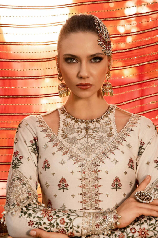 100% Maria B Unstitched Embroidered Cotton Satin Suit, Elegant Traditional Wear - Image 6