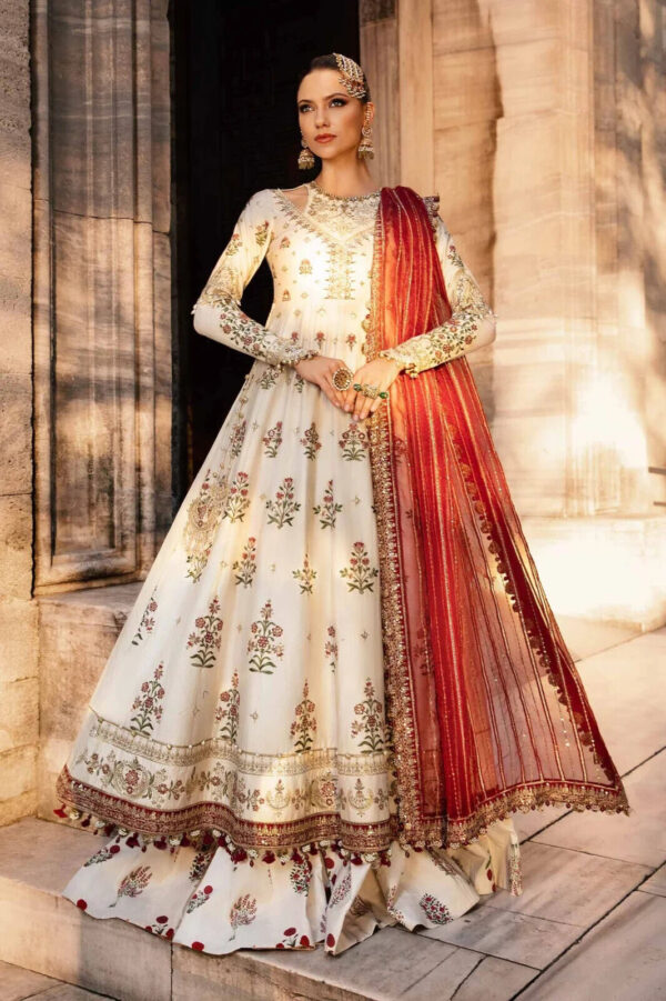100% Maria B Unstitched Embroidered Cotton Satin Suit, Elegant Traditional Wear